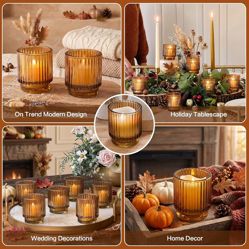 Vintage Glass Tealight & Amber Votive Candle Holders (Set of 6) Rustic Fluted Candle Holder Set, Boho Home Decor
