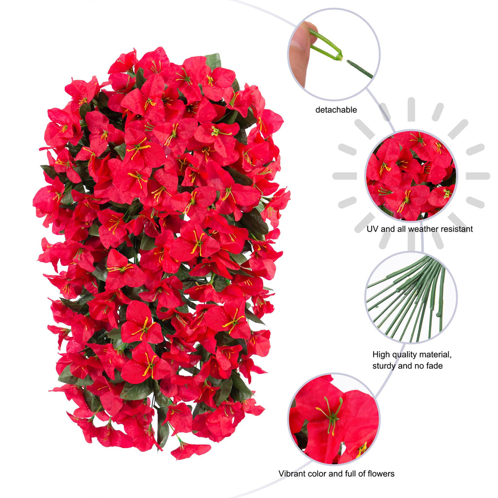 Faux Bougainvillea Artificial Flowers Plants for Outdoor Outside Decoration, 2 PCS Red Fake Flowers UV Resistant Look
