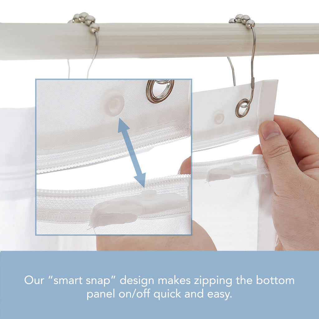 Shower Curtain Liner with Shower Clips, Easy On/Off Liner with Zipper, Waterproof, White, Long Size, 72 inches x 84