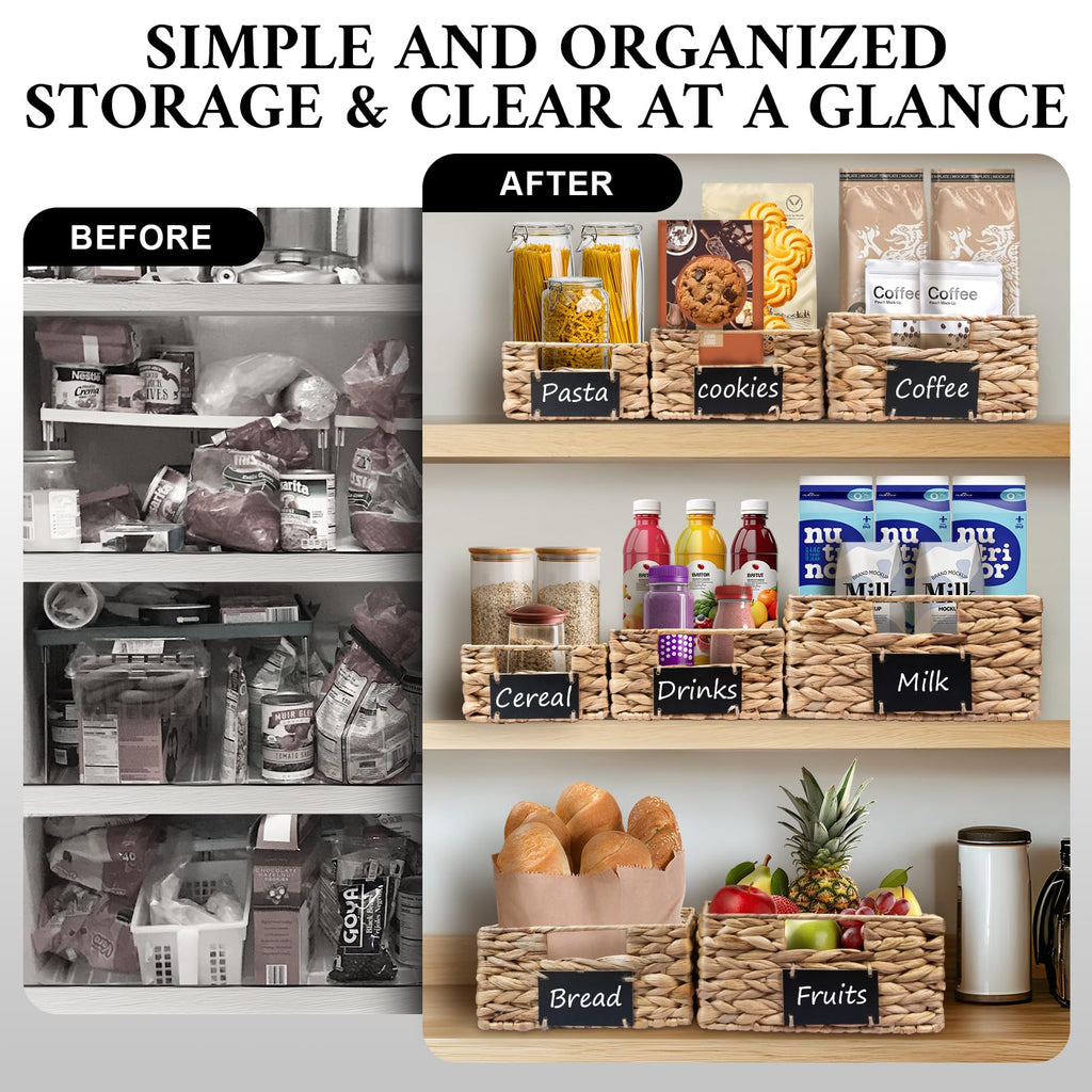 Set of 4 Sizes Hand-Woven Pantry Shelf Baskets, Hyacinth Storage Baskets with Chalkboard Labels & 2 Chalk Markers