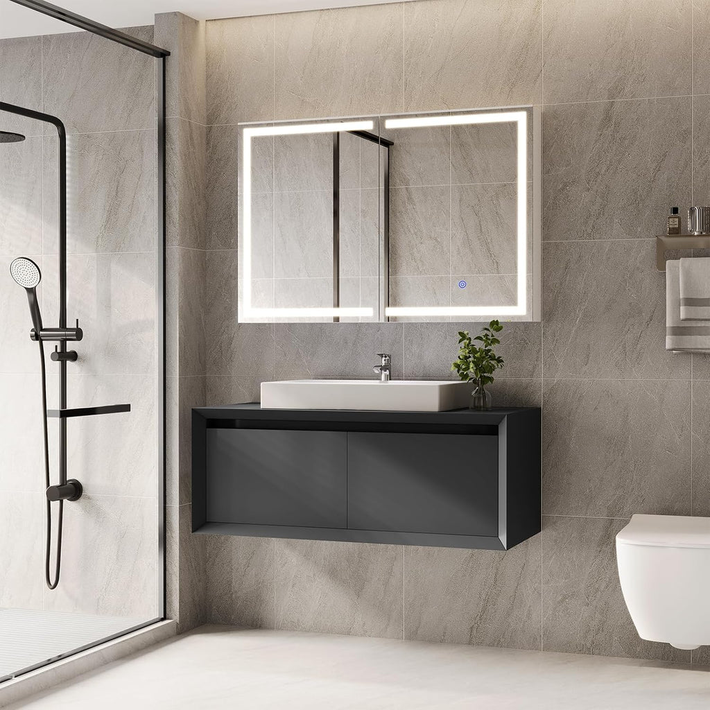 Lighted Medicine Cabinet with Mirror, Wall Mounted Bathroom Mirror with Storage, 2 Doors Bathroom Wall Cabinet with
