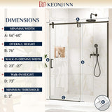 Single Sliding Shower Door, 55-60" W x 76" H Frameless Shower Door