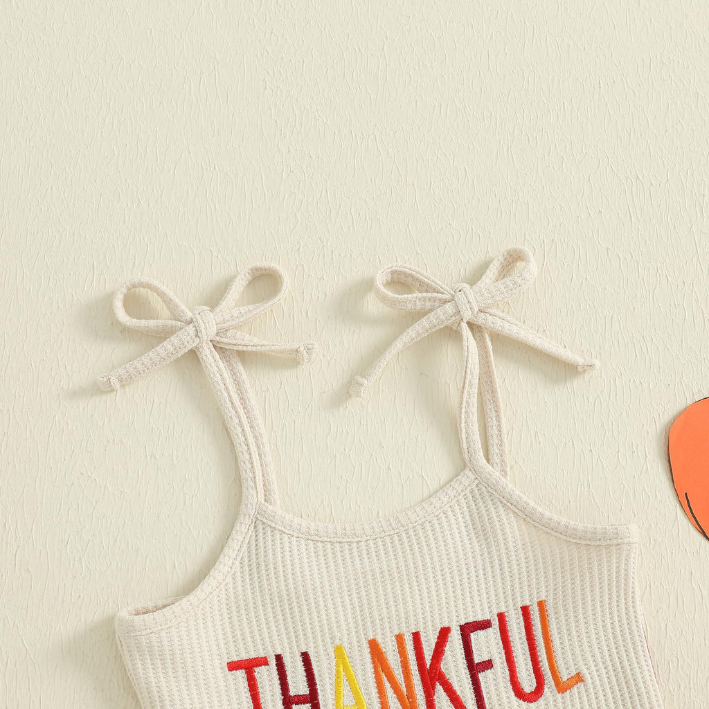 Toddler Baby Girl Thanksgiving Outfit Turkey Jumpsuit Spaghetti Strap Jolly Romper Bell Bottoms Outfits (Thankful