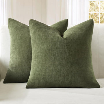 Olive Green Chenille Couch Throw Pillow Covers, 16x16