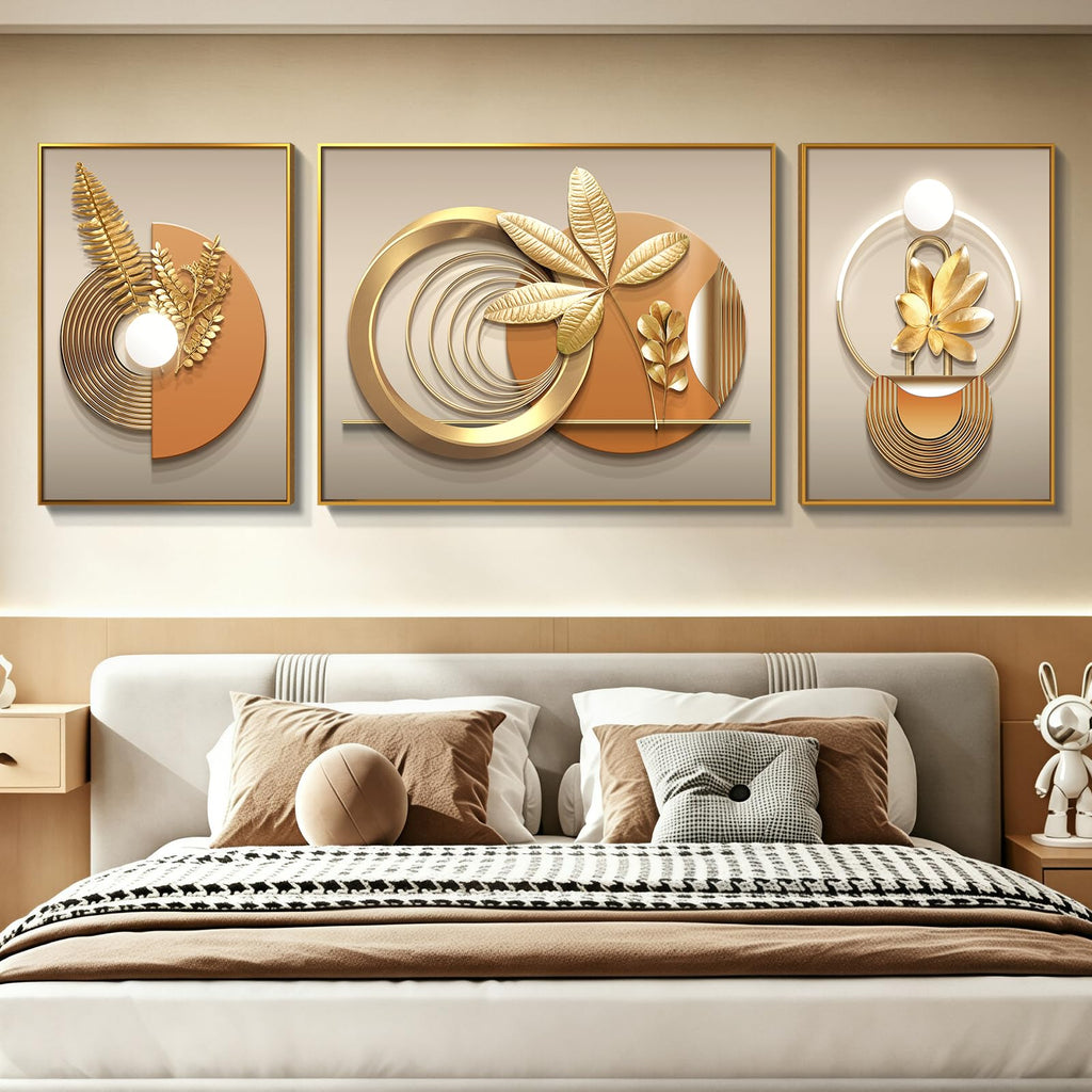 Large Framed Gold Wall Decor, Botanical 3 Piece 75x28 In