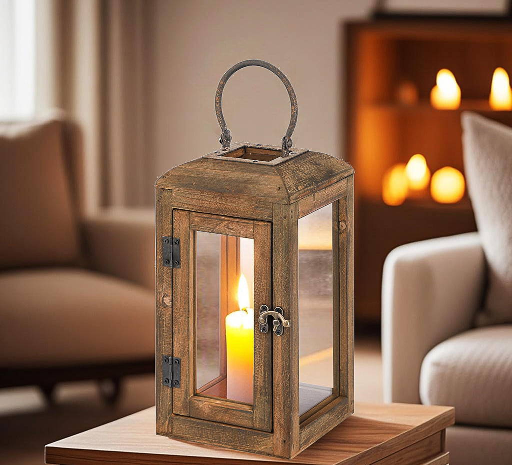 11" High Wooden Lantern Made of Solid Firwood in Handpainted Mediterranean Brown with Metal Handle, Hurricane Lantern