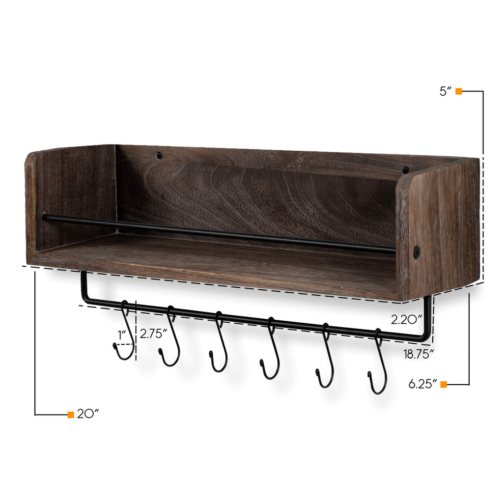 William Wall Mount Floating Shelf with Rail and Hooks | Farmhouse Design 20 Inch Torched Distressed Wood Vintage
