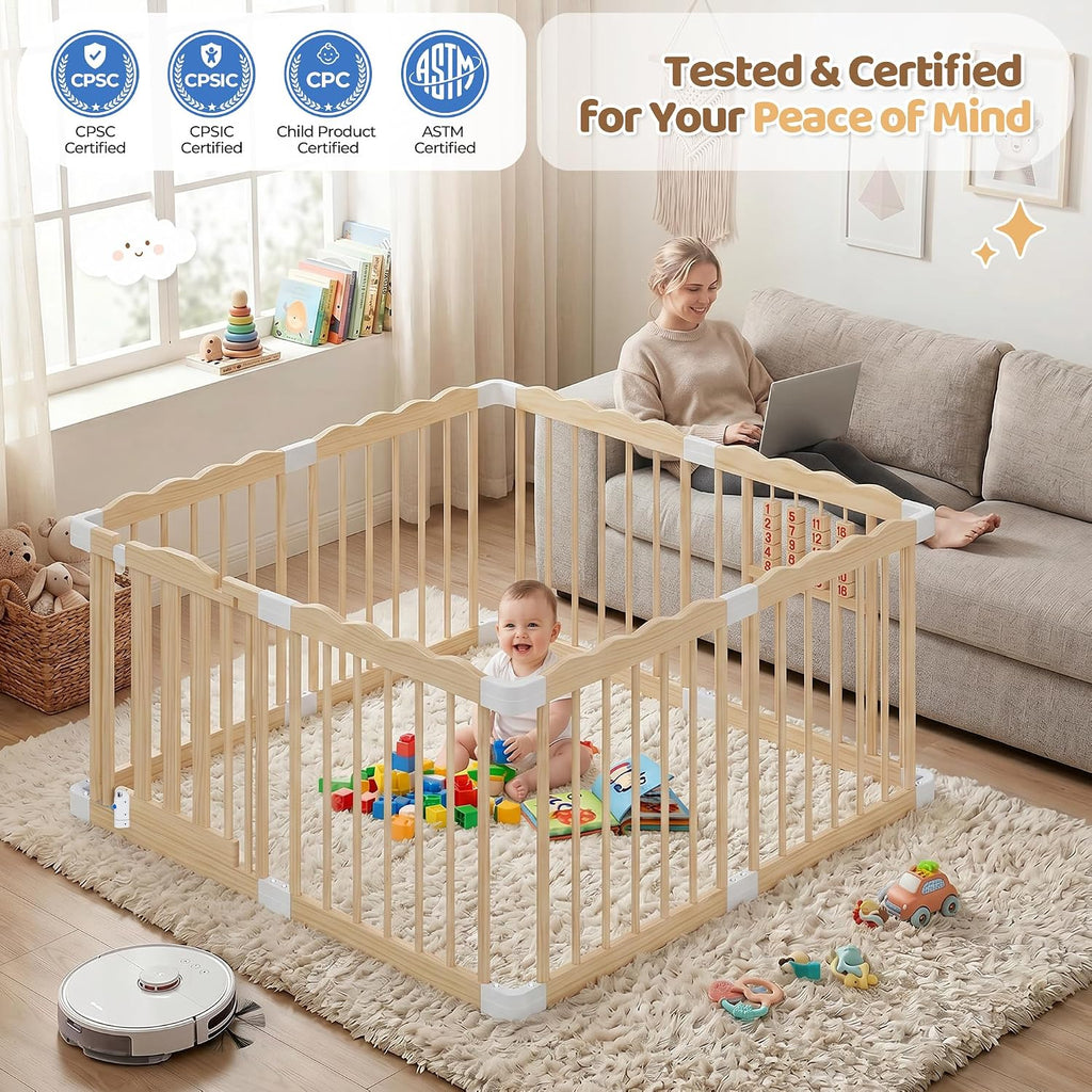 Wooden Baby Playpen, 48"x48"x24" Foldable Play Yard with Built-in Toys, 8 Panel Baby Fence Lockable Door, for Babies