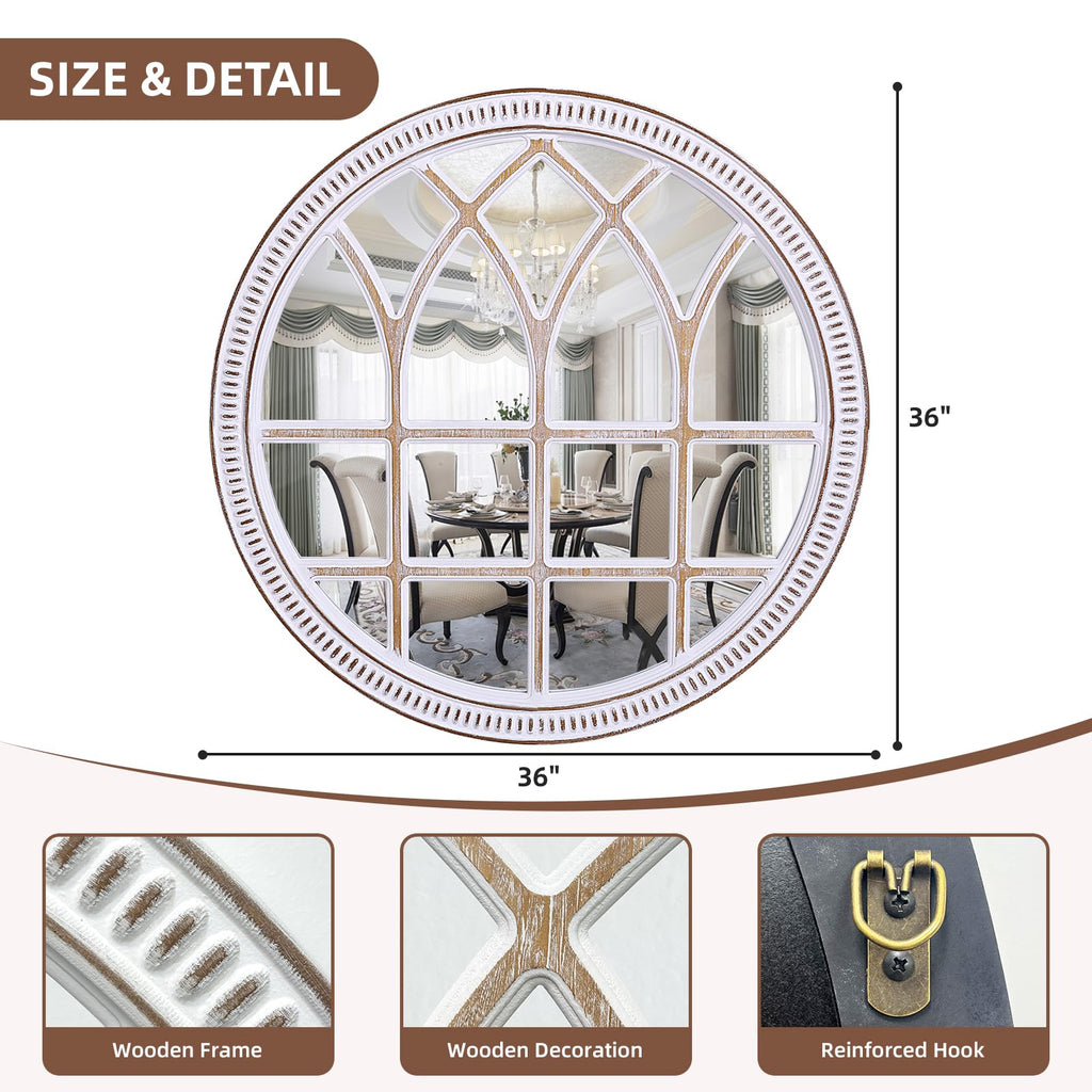 Rustic Farmhouse Round Window Mirror, 36 Inch Wood Frame Wall Mirrors