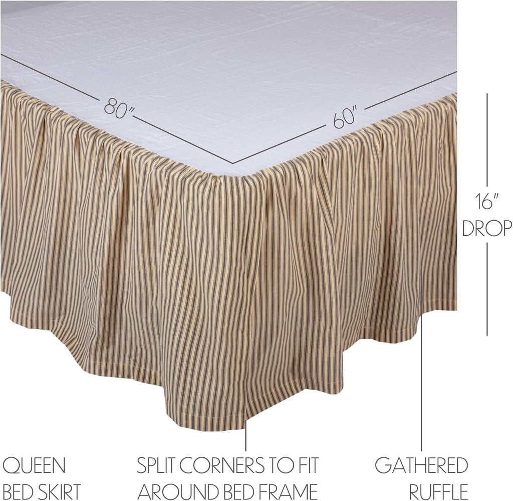 Sawyer Mill Ticking Striped Cotton Farmhouse Split Corners Gathered Queen Bed Skirt, 60x80x16, Charcoal Dark Creme