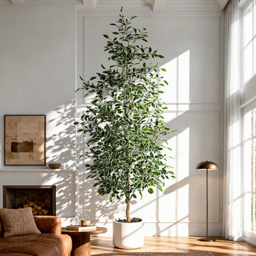 8FT Artificial Ficus Trees Indoor Faux Trees Indoor Fake Floor Plants Tall Artificial Tree with White Pot Faux Tree