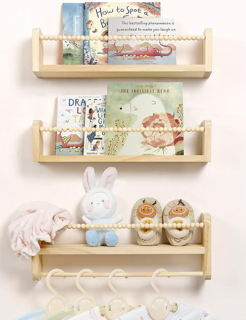Nursery Shelves for Wall Set of 3, Natural Wood Floating Shelves | Kids Bookshelf with Towel Bar, Wall Mounted