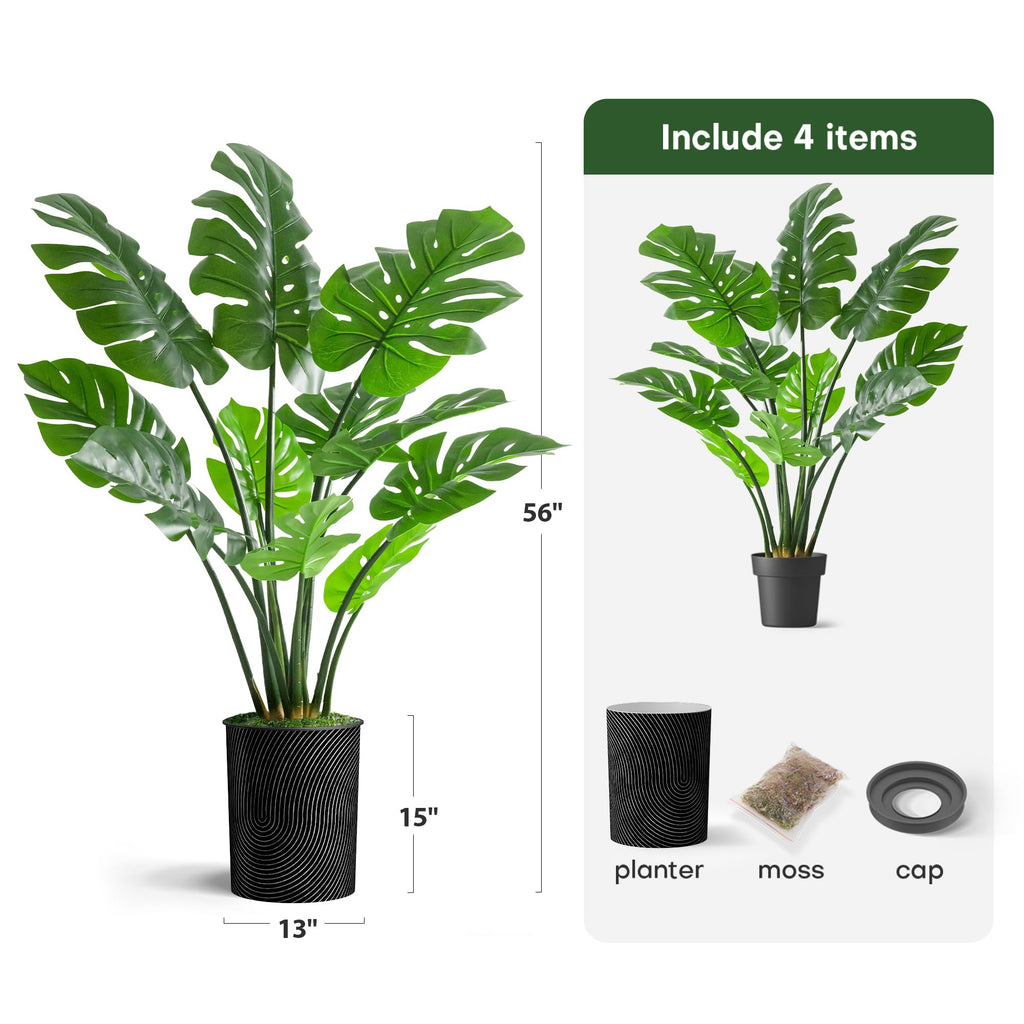 Tree in Geometric Spiral Pattern Planter, Fake Monstera Silk Tree for Indoor and Outdoor Home Decoration - 56"