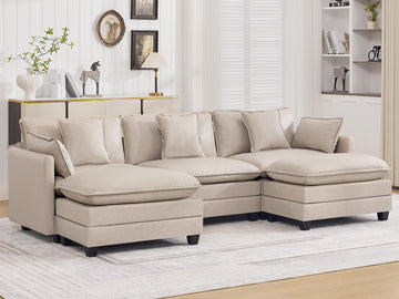 111'' Sectional Cloud Deep Seat Couch, Oversized Leather U Shaped Sectional Sofa Set, Comfy Upholstered Modular