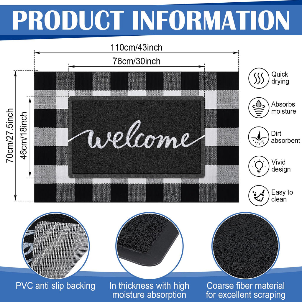 2 Pcs Layered Welcome Doormat, Black and White Buffalo Plaid Rug Set