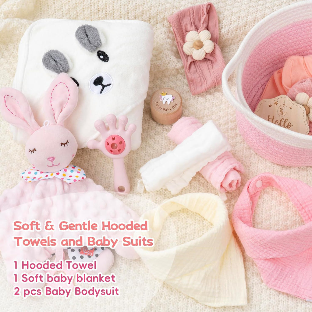 Baby Shower Gifts for Girls, 24 Piece Deluxe Baby Shower Gift Basket - Baby Girl Gift Basket with Swaddle, Rattle