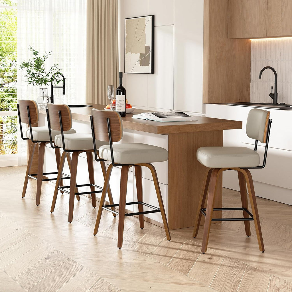 Swivel Bar Stools Set of 4, 26" Upholstered Faux Leather Counter Height Barstools with Walnut Back & Bentwood Legs