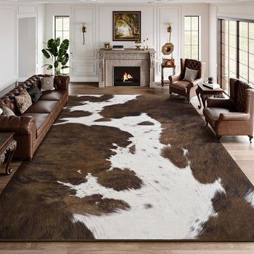 Cow Print Rug - Brown Faux Cowhide Rugs, Washable Soft Non-Slip Stain Resistant Animal Cow Hide Carpet Bedroom