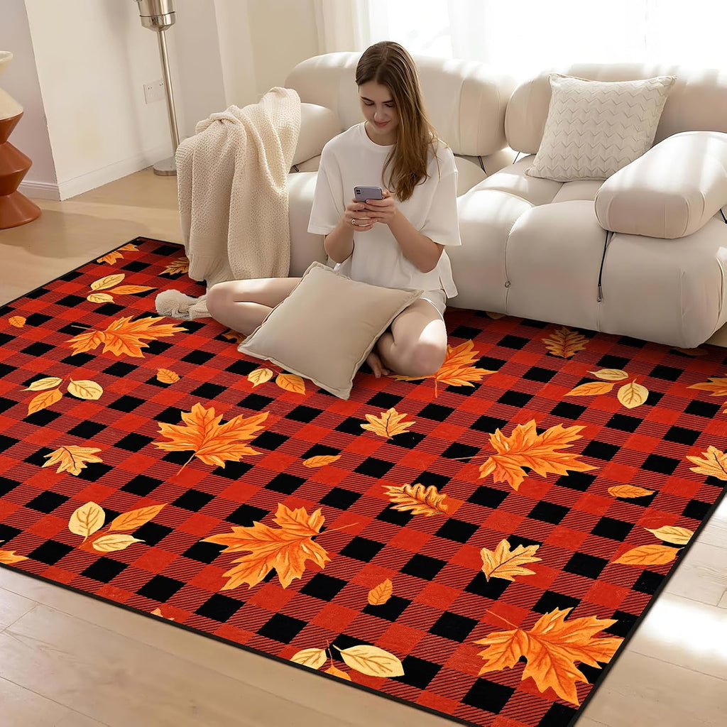 Fall Rug Area Rugs Non Slip Washable Rug Soft Faux Wool Large Rugs Maple Leaves Throw Rugs Vintage Buffalo Plaid