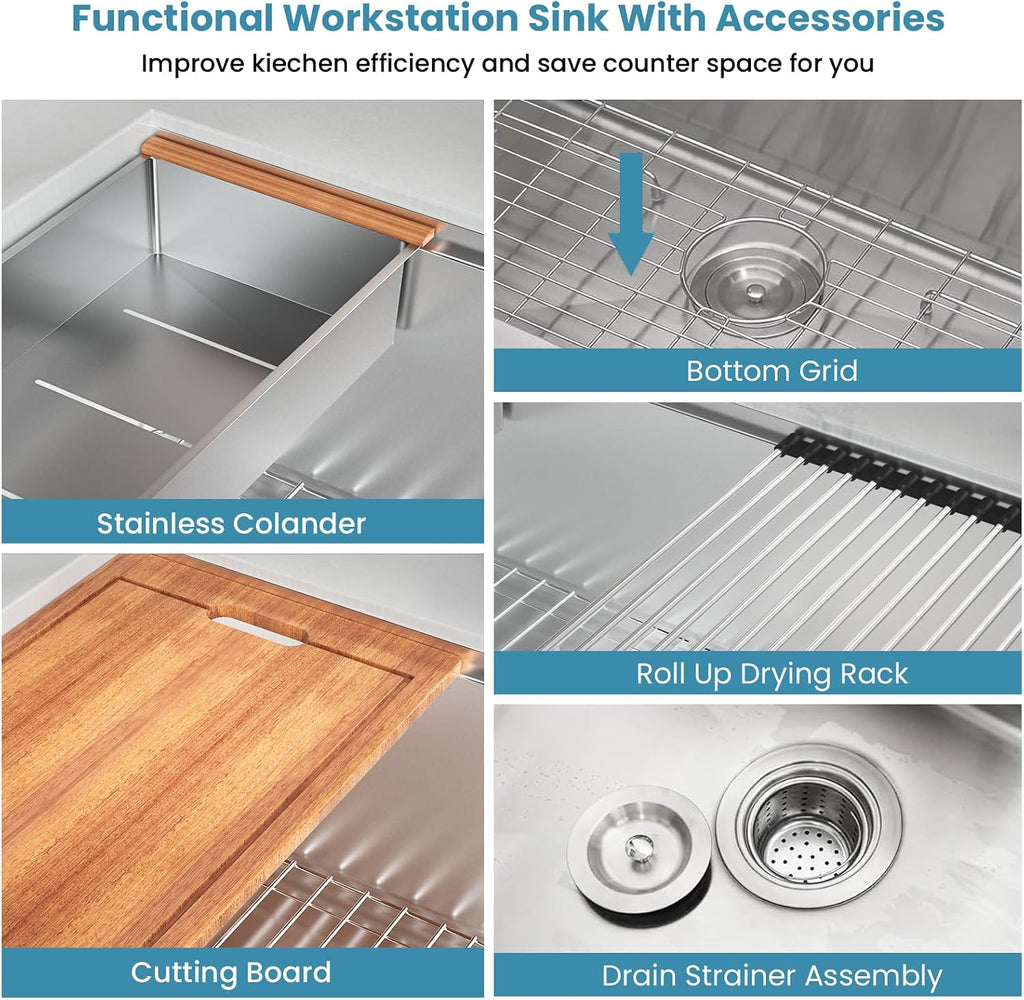 32 Inch Undermount Kitchen Sink, 16 Gauge Stainless Steel Workstation Sink | With Accessories, Single Bowl, Brushed