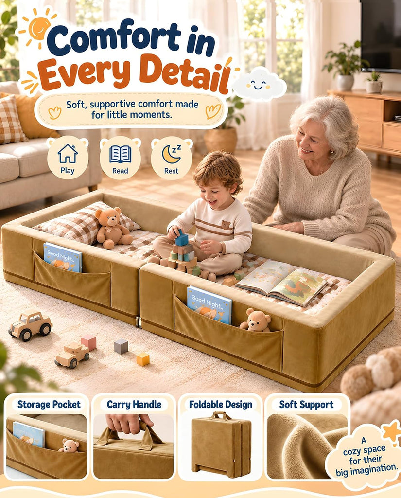 Toddler Portable Travel Bed - Foldable & Washable Floor Bed, Beige