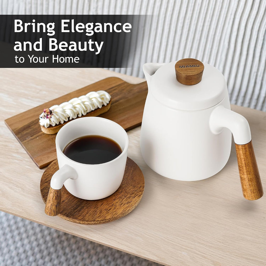 34 Oz Ceramic Tea Pot Set with Infuser and Cups/Tea Strainer, 4 Ceramic Tea Mugs (10 Oz), Bamboo Saucers/Handle