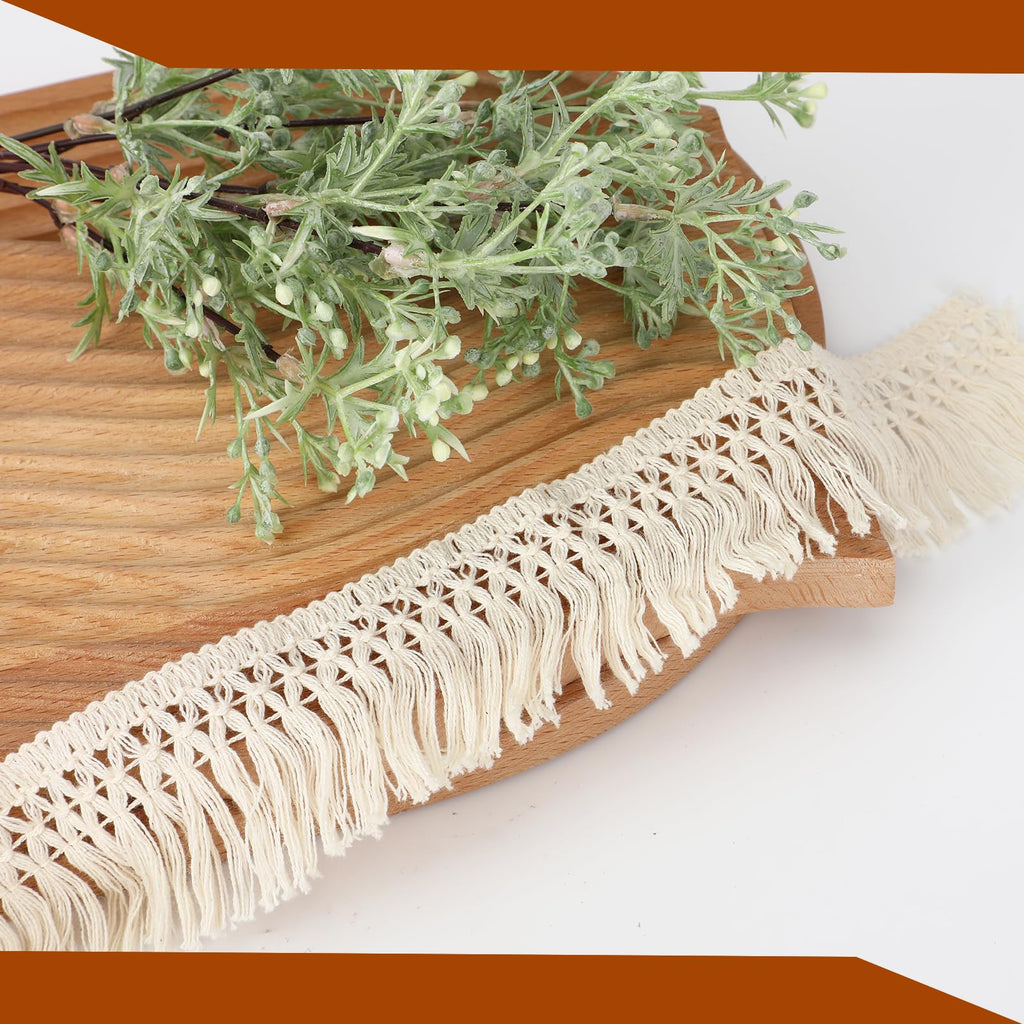 Fringe Tassel Trim 2.3-Inch Wide Boho Long Beige Lace Cotton Trimming for Clothes Curtains Dress Sewing - 10 Yards