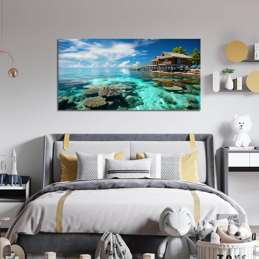 Ocean Scenic Canvas Wall Art, Blue Seascape Wall-Decor Picture , Ocean Scenery Canvas Decoration, Coastal Landscape