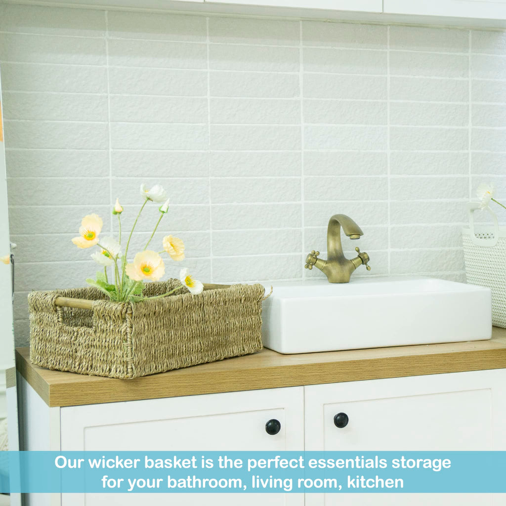 Large Natural Wicker Basket Rectangular with Wooden Handles, Seagrass Storage for Organizing, Shelves 15.5 x 10.6 x