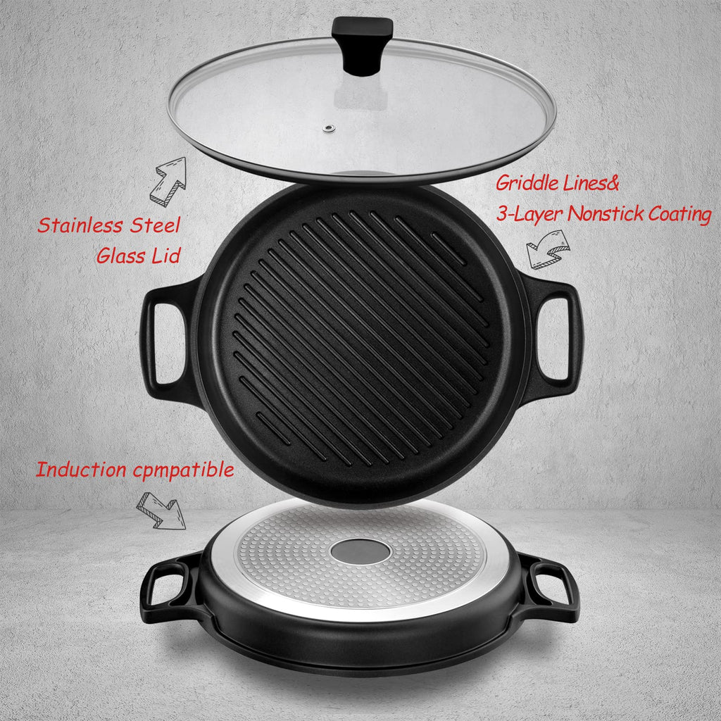 Cast Aluminum Griddle Pan for Stovetop with Lid - Lighter than Cast Iron Skillet, Round Frying Pans Nonstick Grill Pan