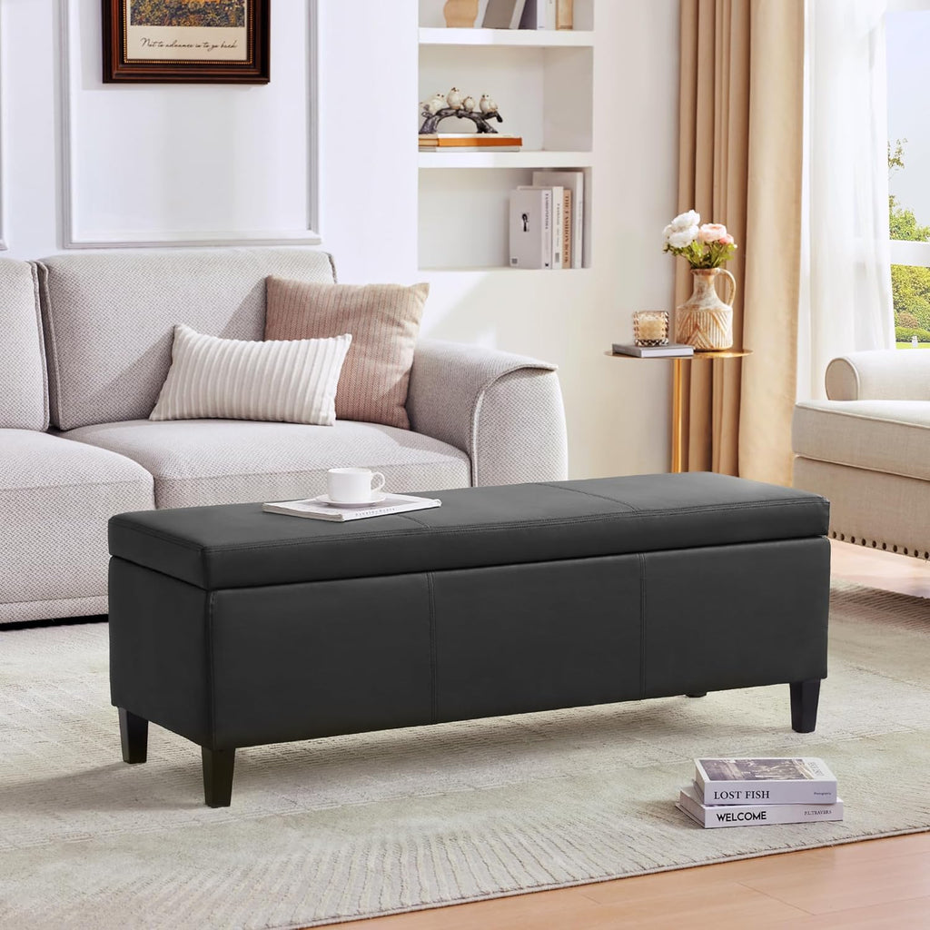 Faux Leather Storage Ottoman Bench 50.3 Inch Extra Long PU Upholstered Bedroom Bench with Large Storage Space for the