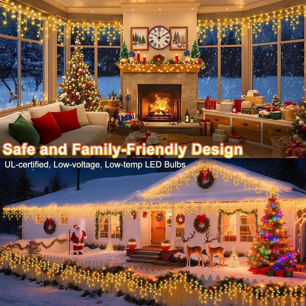 Christmas Lights Outdoor Decorations 400 LED 33ft 8 Modes Curtain Fairy String Light with 75 Drops, Clear Wire LED