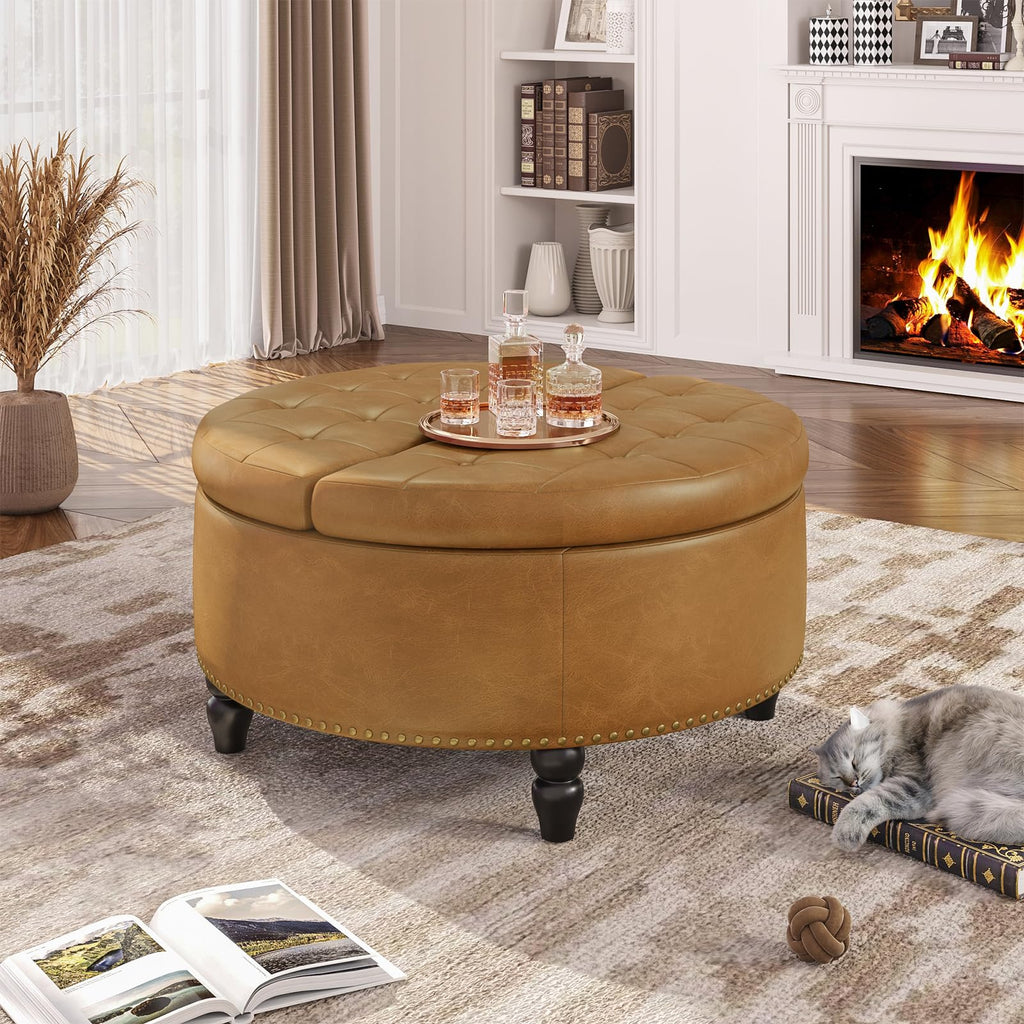 31.5 Inch Large Round Ottoman with Storage Circular, Camle