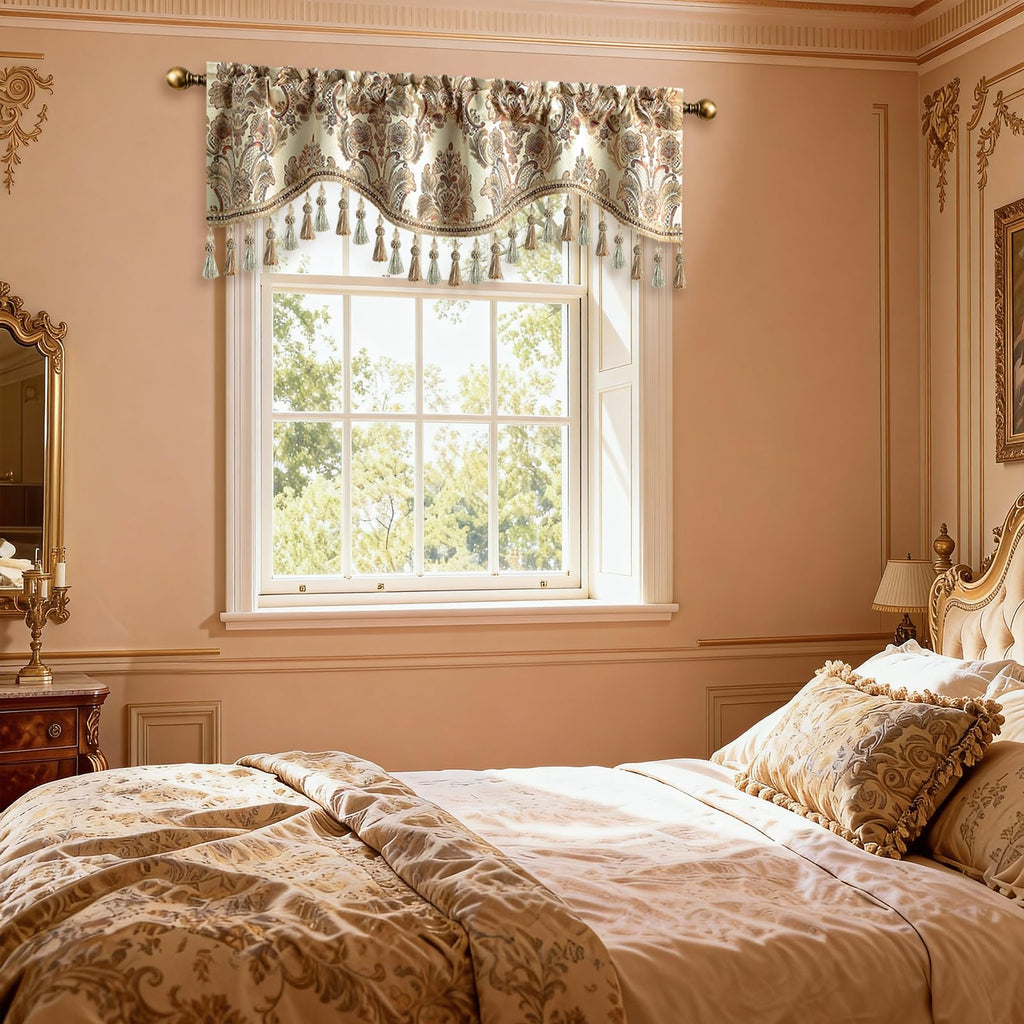 Damask Window Valance with Tassel Trim, Ivory, 52 x 14, 1 Panel