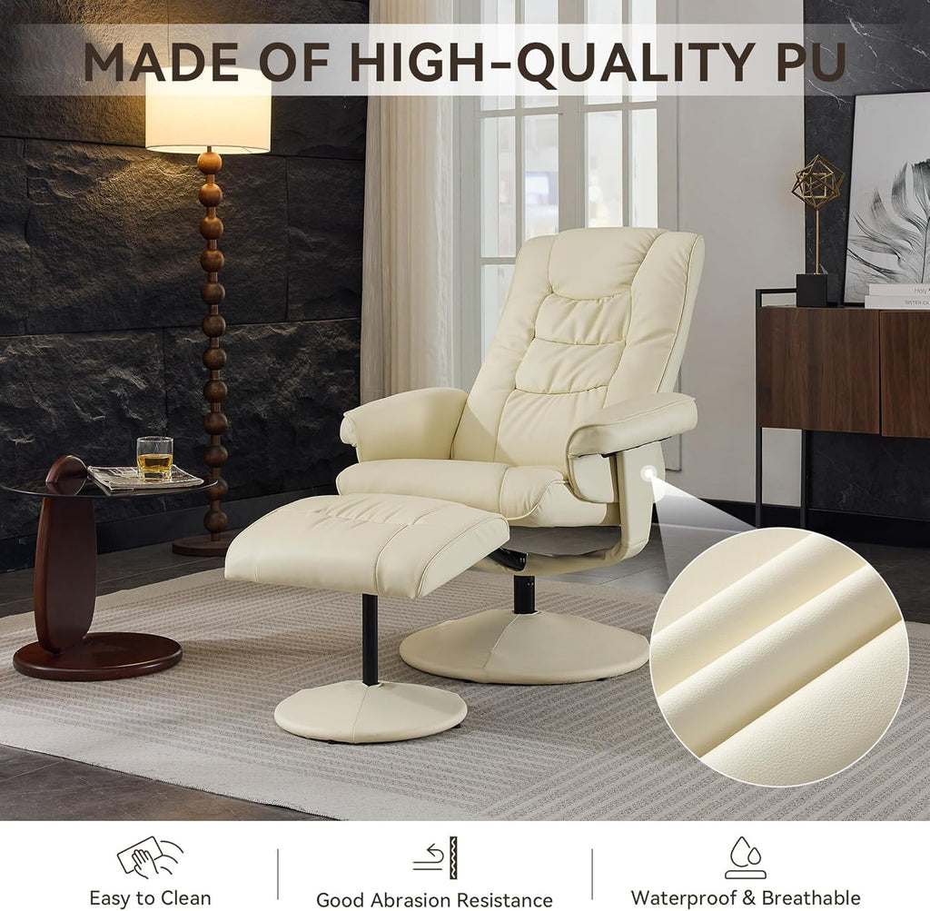 Modern Reclining Swivel Lounge Chair and Ottoman — Beige PU Leather