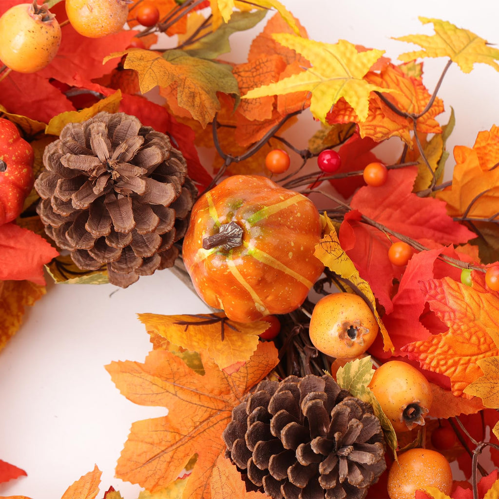 Fall Wreaths for Front Door 24 Inch Fall Wreath with Orange Pumpkins Pinecones Maple Leaves Large Berries Autumn