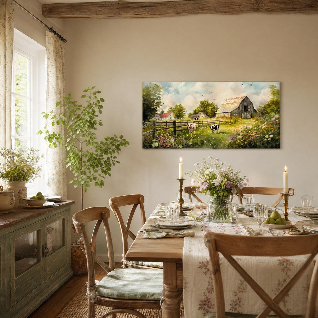 Rustic Farmhouse Barn Canvas Wall Art Vintage Wooden Barn with Cows Countryside Artwork Gallery Wrapped Canvas