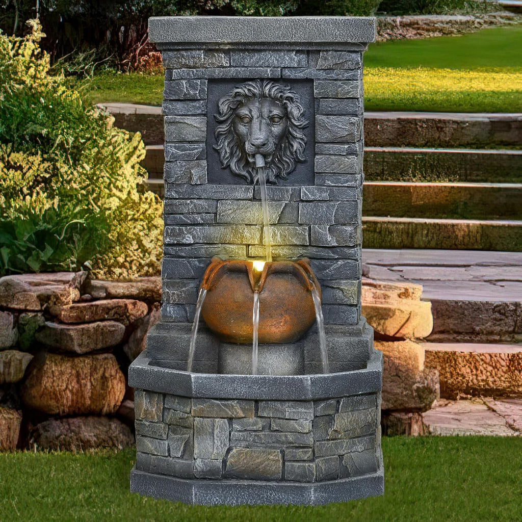 32'' Outdoor Water Fountain, Lion Head Floor-Standing Stone Waterfall Fountain with LED Lights