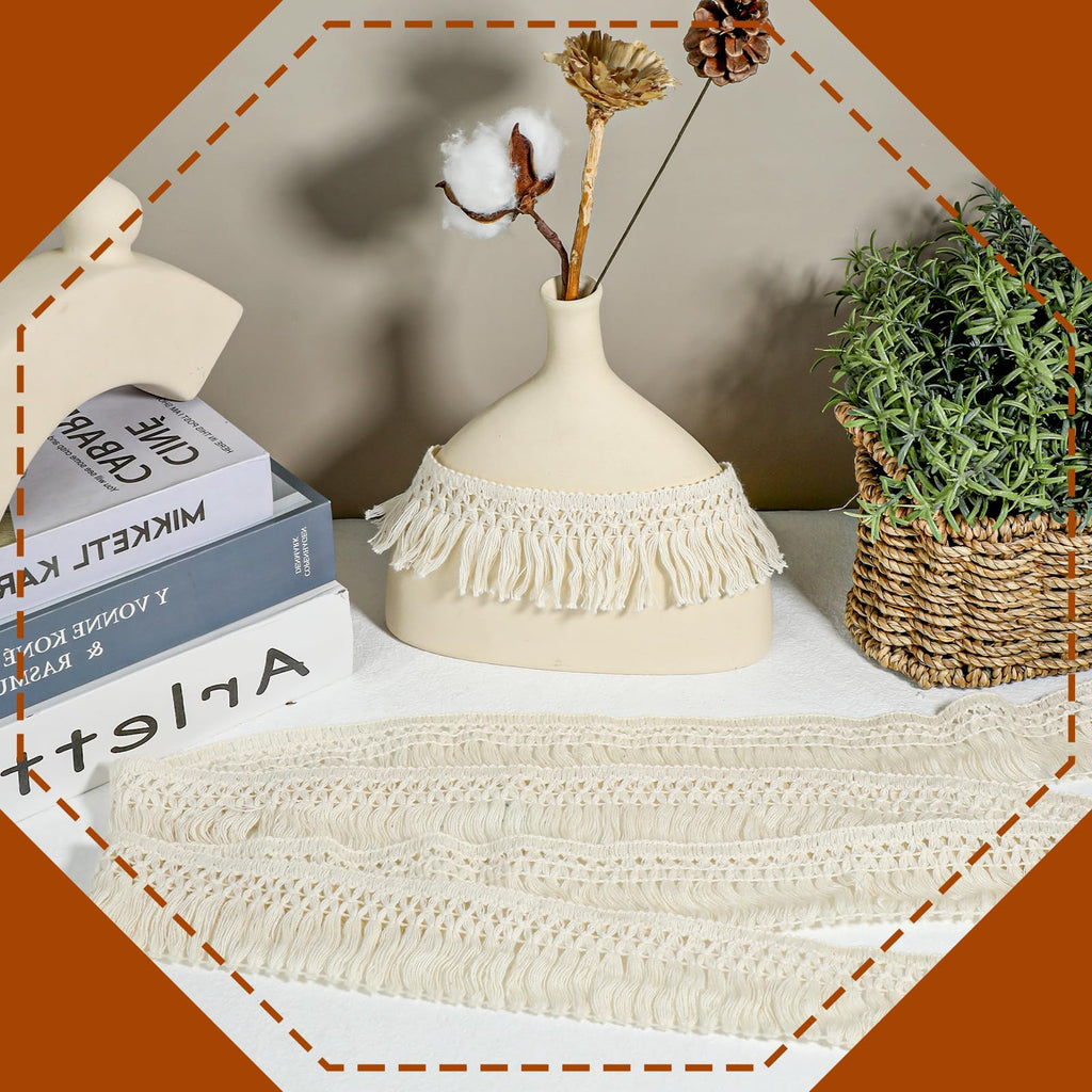 Fringe Tassel Trim 2.3-Inch Wide Boho Long Beige Lace Cotton Trimming for Clothes Curtains Dress Sewing - 10 Yards