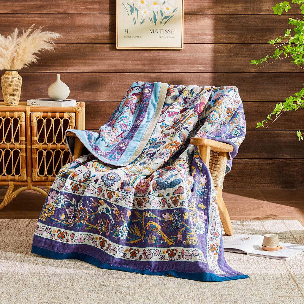 Boho Blanket Soft Muslin Boho Throw Blanket 100% Cotton Blanket All Seasons Reversible Rustic Floral Printed Vintage