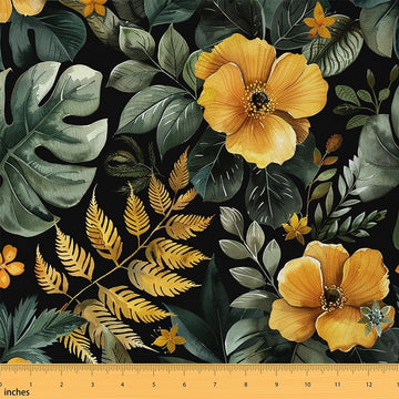 Tropical Floral Fabric by The Yard Watercolor Green Palm Leaf Yellow Flowers No Stretch Sewing Fabric Natural Jungle