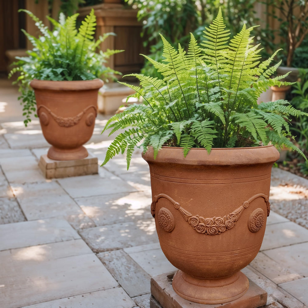 Large Urn Planter - 14" Dia x 16.5" H Lightweight Magnesium Oxide Plant Pot with Cement Texture - Rust-Like Finish