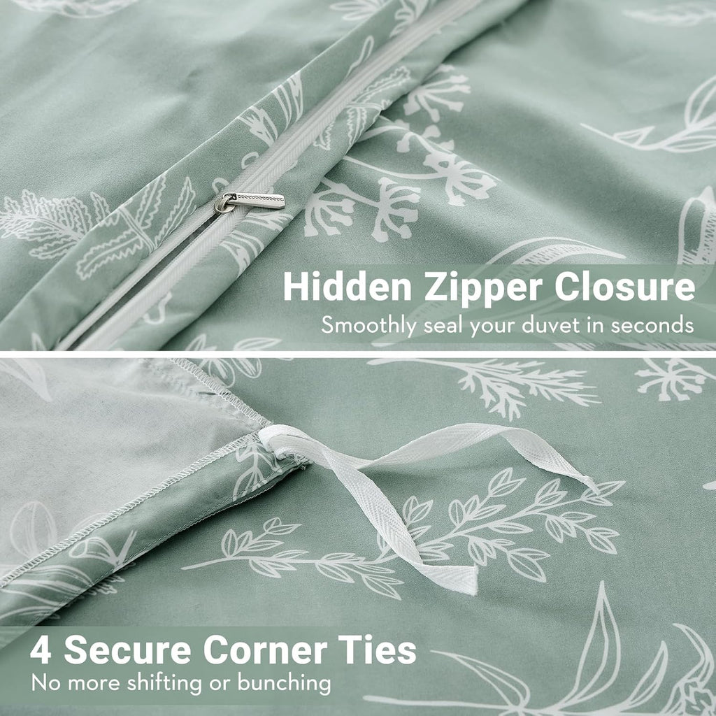 Duvet Cover Queen, Reversible Floral Green Duvet Cover Set with Zipper Closure, 3 Pieces Botanical Patterns Soft