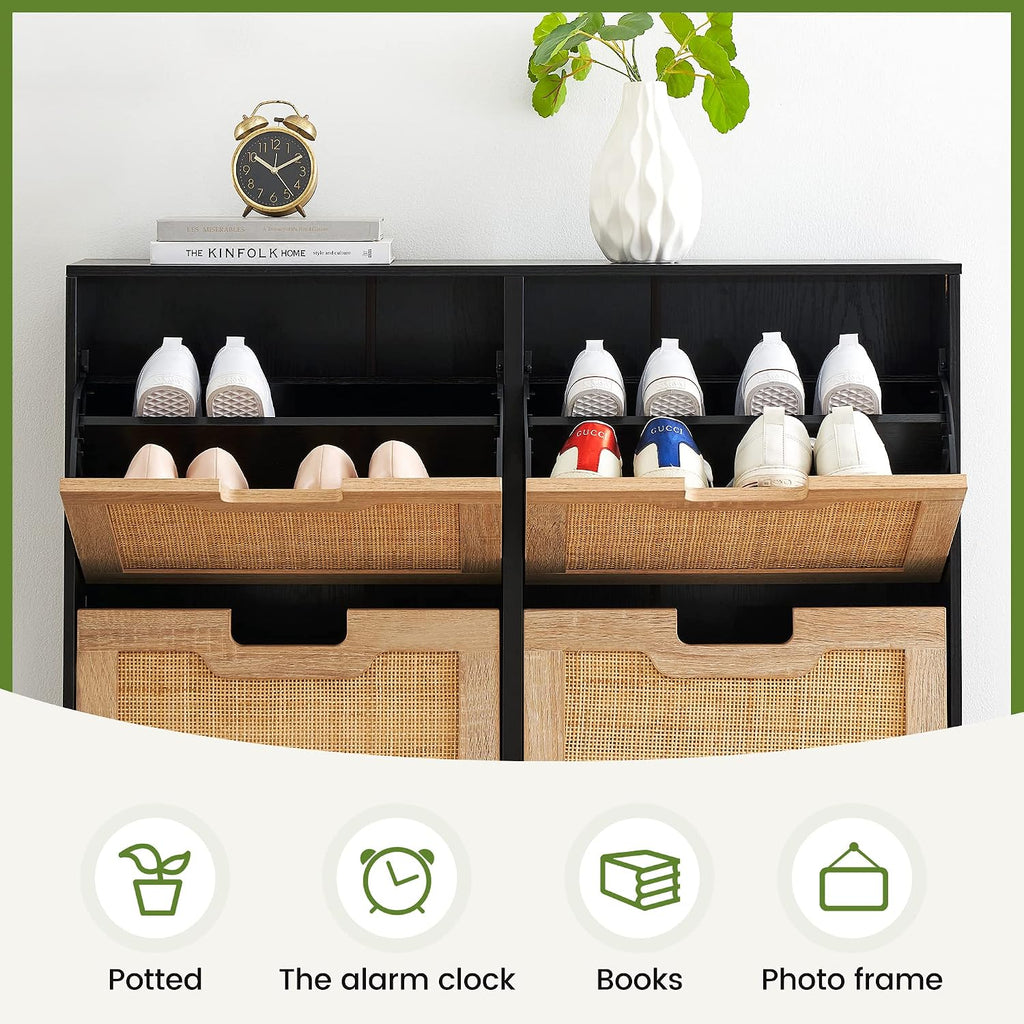 Natural Rattan Flip Drawer Shoe Cabinet Narrow Freestanding Entryway Shoe Storage Organizer Adjustable Shelves Metal