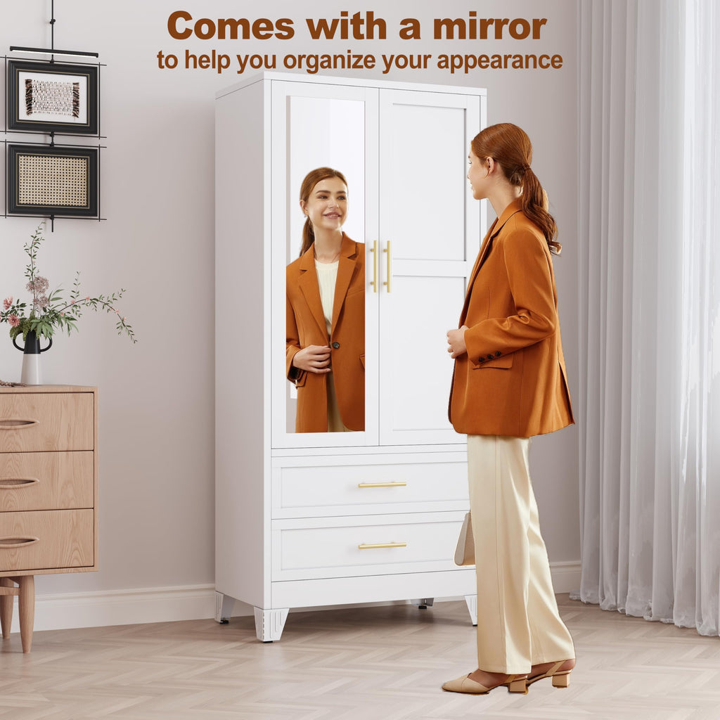Metal Armoire Wardrobe Closet, 71" Tall Bedroom Closet with Mirror
