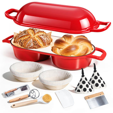 Double Dutch Oven for Sourdough Bread Baking, 2QT Enameled Cast Iron Double Loaf Pan with Lid, Oven Safe up to 500°F
