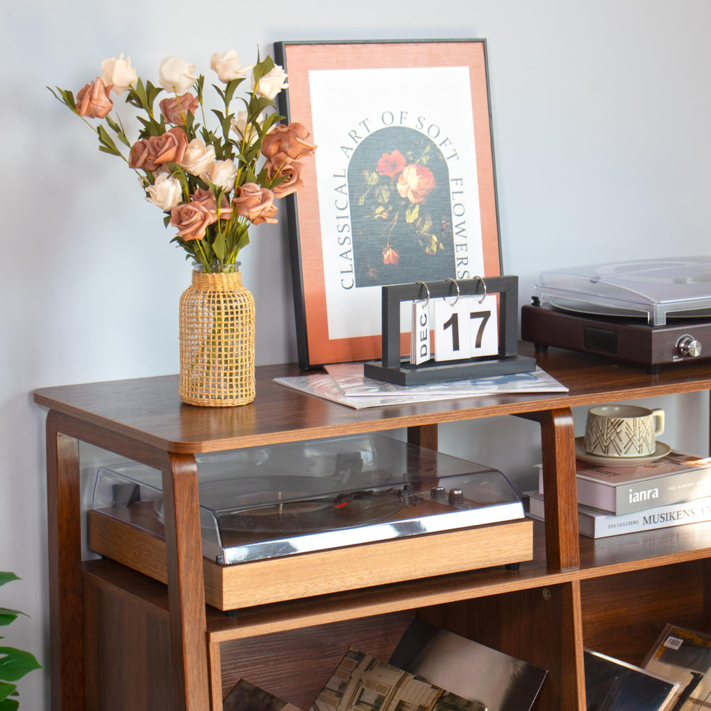 Large Record Player Stand, with Open Storage Holds up to 300 Albums