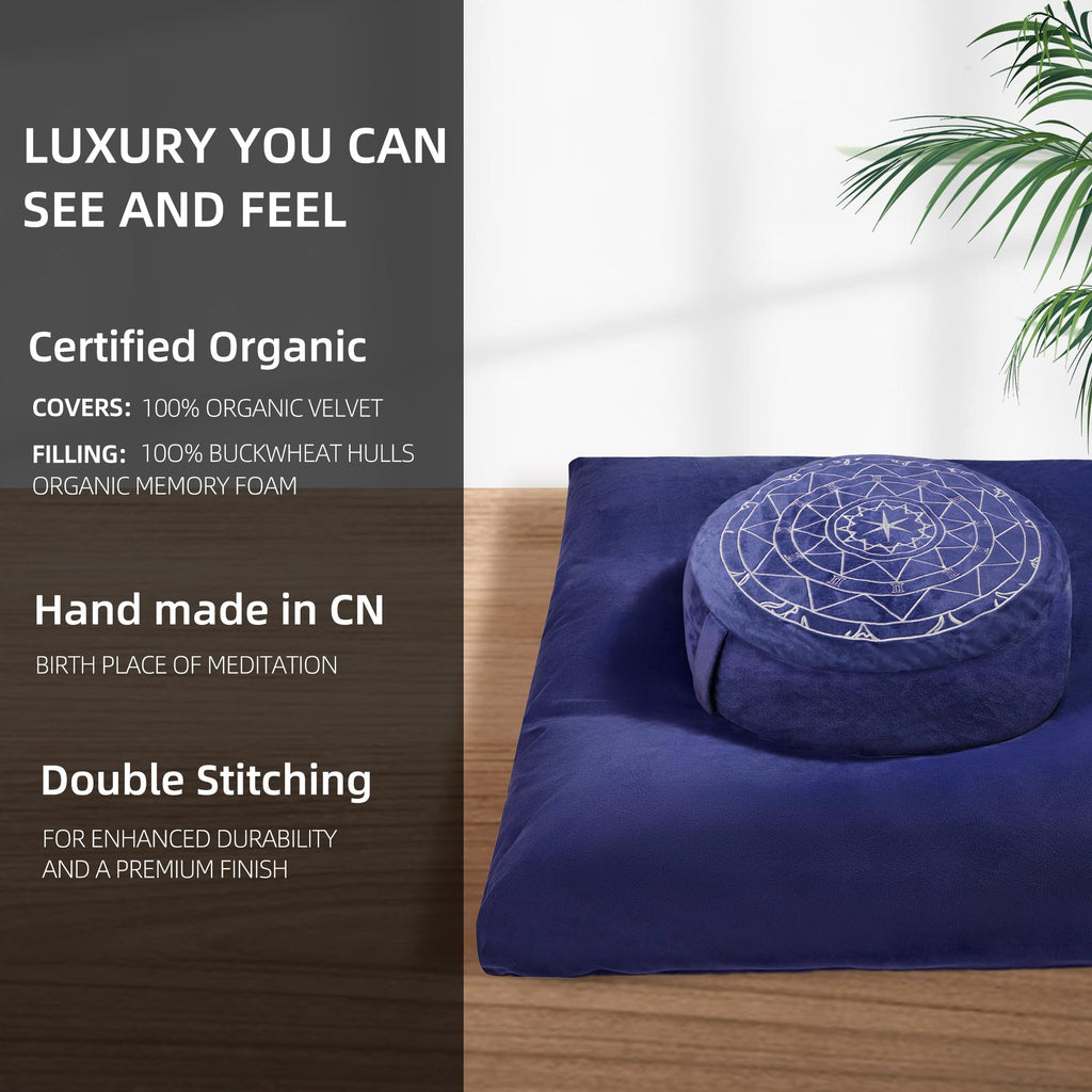 Zafu & Zabuton Meditation Cushion Set - Buckwheat Hull & Memory Foam Pillows, Ergonomic Support for Yoga, Mindfulness