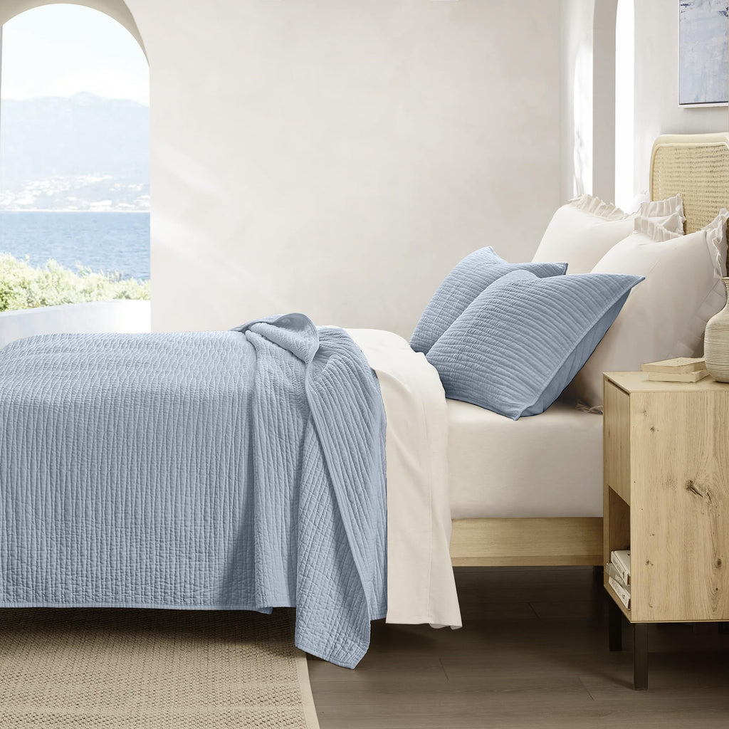 Natural Linen Cotton Quilt - Skin-Friendly Breathable & Hypoallergenic Quilt, 3 Piece Wave Stitched Dusty Blue