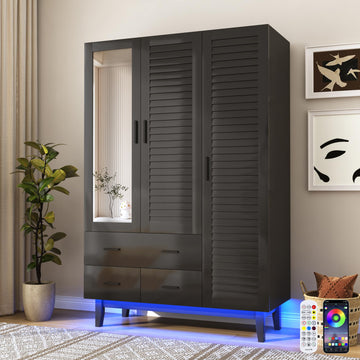 3 Door Armoire Wardrobe Closet Cabinet with Drawers and LED Lights, Multi-Tier Shelves, Hanging Rod & 3 Louver Doors